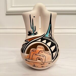 Vintage Handpainted Native American Ceramic Wedding Cutout Vase